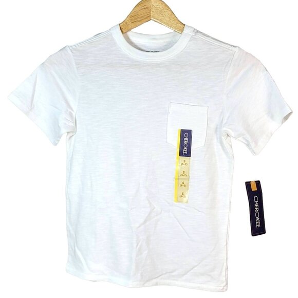 2/$15 Cherokee Boys Cotton T Shirt White SZ 6 7 Small Short Sleeve Pocket Crew - Picture 1 of 6